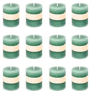 Rustikale Mini Kerzen ca. 4 x 5 cm Stumpenkerze im Antik Look für die perfekte Atmosphäre Zuhause (12 x Grün)