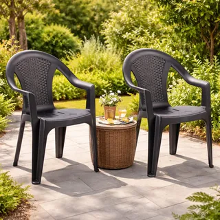 2 Stapelstuhl Gartenstuhl Kunststoff Wetterfest Rattan Optik Anthrazit - Grau