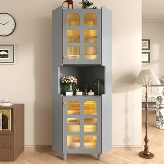 Fortuna Lai Grauer Eck-Schrank mit Lackschicht & LED-Beleuchtung – Multifunktionale Ecken-Kommode für Wohnzimmer, Bücherregal, Badezimmer, Schlafzimmer, Esszimmer, MDF-Platte mit grauer Lackoberfläche - Grau