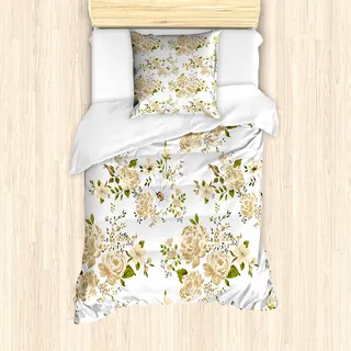 ABAKUHAUS Blumen Mantele, Floral Roses Vector, Milbensicher Allergiker geeignet mit Kissenbezügen, 135 cm x 200 cm - 80 x 80 cm, Weiß und Beige - Beige