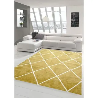 Teppich-Traum Skandinavischer Stil Wohnzimmerteppich Rautenmuster - pflegeleicht - Gold Creme weiß Größe 60x110 cm