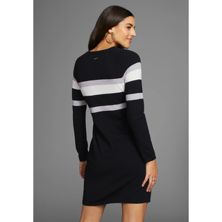 Strickkleid LAURA SCOTT, Damen, Gr. 42, N-Gr, schwarz (schwarz, grau), Feinstrick, Obermaterial: 50% Viskose, 28% Polyester, 22% Polyamid, clean, mehrfarbig, figurbetont mini, Rundhals, Rippbündchen, Kleider Strickkleid, in figurnaher Form mit Zierstreifen