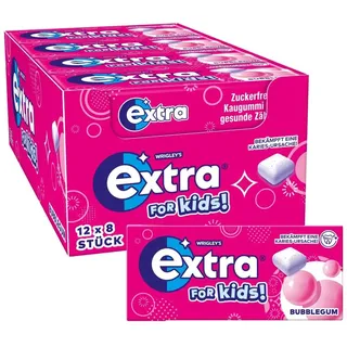 Extra For Kids Kaugummi Zuckerfrei, Xylitol, Großpackung, 12 x 8 Dragees | Zuckerfreier Kaugummi mit Minzfrische, zahnfreundlich und erfrischend, für unterwegs, für Lernpausen und zwischendurch