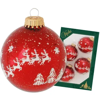 Krebs Glas Lauscha Weihnachtsdekoration/Christbaumschmuck aus Glas - Weihnachtskugeln - Motiv: Rot Rentiere Schneeflocken - 4 Stück - Größe: ca. 7 cm