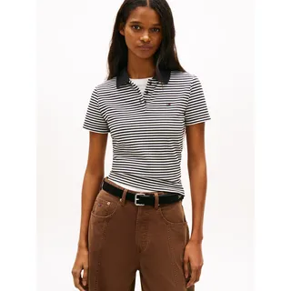 Poloshirt TOMMY JEANS "TJW SLIM ESSENTIAL POLO SHORT SLEEVE", Damen, Gr. XS (34), schwarz, ecru stripe, Piqué, Obermaterial: 97% Baumwolle, 3% Elasthan, gestreift, slim fit hüftlang, V-Ausschnitt, abgesteppte Kante, Shirts Poloshirt, mit Logostickerei, Piqué