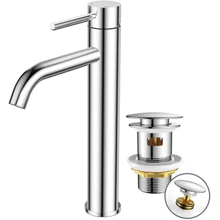 FORIOUS Wasserhahn Bad mit Ablaufgarnitur, Waschtischarmatur Hoch Waschbecken Armaturen in Schwarz mit Auslaufhöhe 190 MM High,Einhebelmischer Mischbatterie für Waschbecken Waschtisch Badezimmer