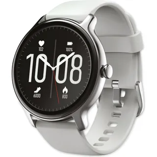 Hama FitWatch 4910 BT 45 mm Edelstahlgehäuse silber Silikonarmband grau M