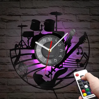 Timethink 30.5 cm (12 Zoll) Gitarre und Schlagzeug-Set, LED-Schallplatten-Wanduhr mit 7 Farben, Nicht tickend, modernes Rock N Roll Instrument zum Aufhängen, Nachtlicht, Musikliebhaber, Geschenk