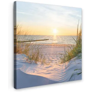 MuchoWow Leinwandbild Strand - Sonne - Düne - Gras - Sand - Horizont Deko Groß 90x90 cm , Hellblau , Textil , Kiefer , Abstrakt , Quadratisch , 90x90 cm , FSC 100% , gerahmt , Bilder & Rahmen, Bilder, Leinwandbilder