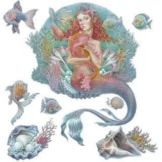 Wallfluent Wandaufkleber 130x129cm - Meerjungfrauen-Zeichentrickwelt , Multicolor , Kunststoff , Rechteckig , 130x129x0.1 cm , Tapeten & Wandverkleidungen, Wandtattoos & Sticker, Wandtattoos