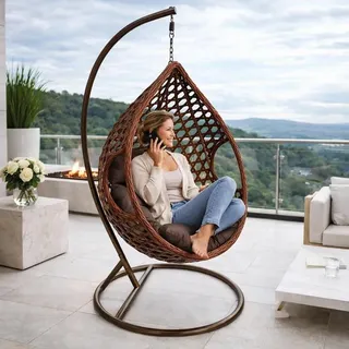 Polyrattan Hängesessel Outdoor Hängestuhl Rattan Gartenstuhl + Sitzkissen Braun - Braun