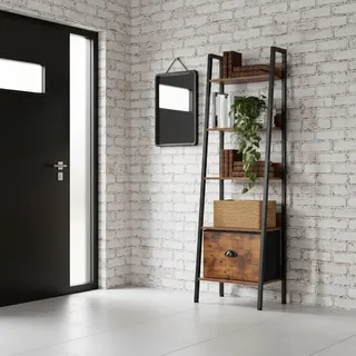 FurnitureR Moderner Flur-Kommodenschrank mit Schublade und Regalen, 141x42,5x29cm, Vintage Holzoptik & Metallrahmen, platzsparend für Eingangsbereich