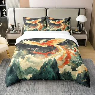 100% Baumwolle Phoenix Bettbezug 135x200,Chinesische Orientalische Vogel Wild Tier Bettwäsche Set,Geheimnisvolle Phoenix Tröster Abdeckung,Sun Galaxy Sterne Sternenhimmel Bettbezug Weich Atmungsaktiv