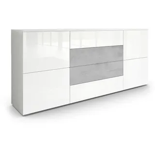 Vladon Sideboard Rova Weiß Hochglanz / Beton Oxid Optik , Weiß Hochglanz, Grau , Holzwerkstoff , 166x72x35 cm , Kleinmöbel, Kommoden, Sideboards