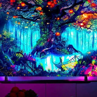 Ulticool – Märchenbaum - Glow in the Dark Wandteppich - Schwarzlicht under UV Reaktive Bright Black Neon Light - Blacklight Psychedelisch im Dunkeln Leuchtende Wandtuch - 200 x 150 cm Groß