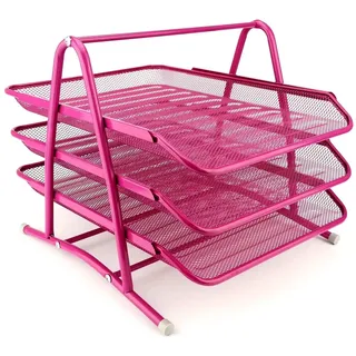 Leviatan Metall Ablage Ablagefächer | Büro Organizer Schreibtisch | Schubladen für Dokumente | 3 Schubfächer Briefablage Dokumentenablage A4 Organizer Mesh | Rosa