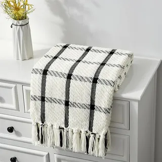 CREVENT 127 cm x 152 cm Farmhouse atmungsaktive weiche und warme Chenille-Überwurfdecke für Sofa, Couch, Bett, Heimdekoration, Überwurf mit Quasten (Schwarz und Weiß)