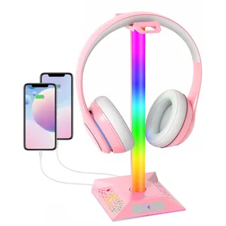 Hcman Headset Halterung Gaming Kopfhörer Ständer RGB Kopfhörer Halter mit 2 USB Anschlüssen, LED Headphone Stand Kopfhörerständer für PC Gamer, Rosa