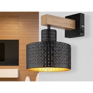 Industriedesign LED Wandlampe Hängeleuchte mit Holz & Lampenschirm Schwarz Gold