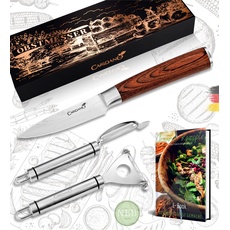Caridano® Obstmesser Set - 1x Gemüsemesser Holzgriff mit Klingenschutz - 2x Schälmesser - Scharfes Messer für Gemüse mit hochwertiger Stahlklinge - Obst Messerset inkl. 20 Rezepte