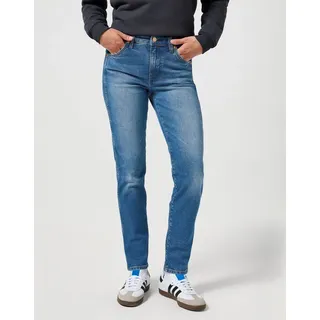 Wrangler 5-Pocket-Jeans WRANGLER, Damen, Gr. 29, Länge 32, blau (indigo dusk), Denim/Jeans, Obermaterial: 99% Baumwolle, 1% Elasthan, slim fit lang, Jeans 5-Pocket-Jeans, mit kontrastfarbenen Nähten