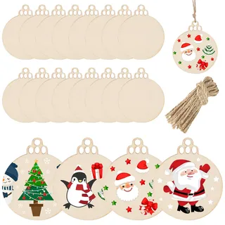 Unvtap 20 Stück Weihnachtskugeln aus Holz zum Bemalen, Runde Weihnachtsanhänger für Weihnachtsbaum Baumschmuck, Neujahr Ornamente