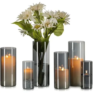 Hewory Vase Schwarz für Deko Wohnung: 6 Vasen Set Schick Blumenvase Modern Groß Glasvasen für Tischdeko - Schönes Glasvase Zylinder Windlicht Glas Schwarz Vase Grau für Geschenk Freundin Esstisch Deko