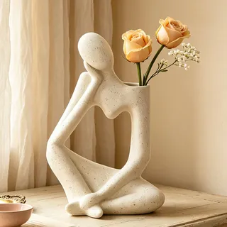 Arawat Vase Deko Wohnzimmer Modern Keramik Weiß Skulptur Vasen für Pampasgras Vase Aesthetic Denker Blumenvase Körper Tulpenvase Book Nordische Hochzeit Geschenk 19 cm Dekorative Gesicht Vasen Beige