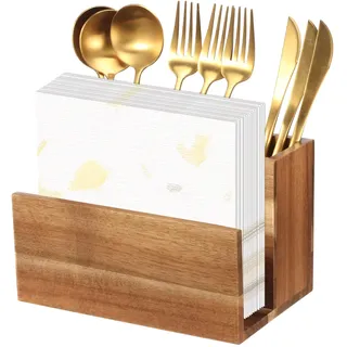 Sutowe Besteckkorb mit Serviettenhalter für Gabel, Löffel und Messer, 3-Fach-Besteckhalter aus Holz, Aufbewahrung für Besteck auf der Arbeitsplatte für Partys, Küche, Restaurant