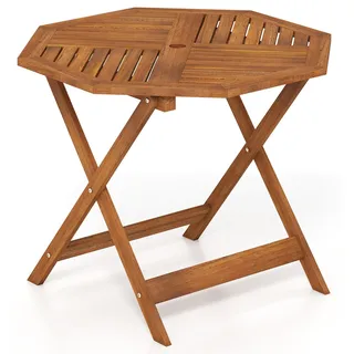 COSTWAY Gartentisch Wetterfest Holz, 90cm Holztisch mit Schirmloch, achteckiger Balkontisch, Esstisch für Garten, Balkon, Terrasse - Naturbelassen