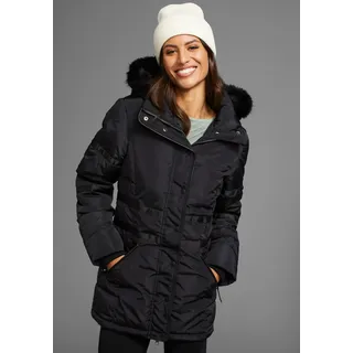 Winterjacke LAURA SCOTT, Damen, Gr. 38, schwarz, Web, Obermaterial: 100% Polyester. Besatz: 80% Polyacryl, 20% Polyester. Futter: 100% Polyester. Futter Rückenteil: 100% Polyester. Kapuzenfutter: 100% Polyester. Wattierung: 100% Polyester, unifarben, figurumspielend, ohne Ausschnitt, Rippstrickbündchen, Jacken Winterjacke, mit abnehmbarer Kapuze und Fellimitat