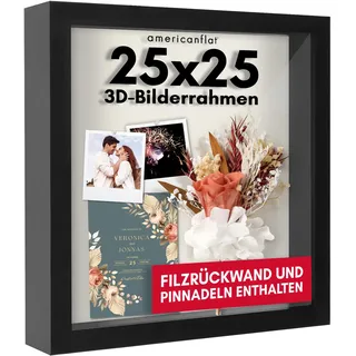 Americanflat 3D-Bilderrahmen zum Befüllen - 25x25 cm - tiefer Objektrahmen mit weichem Leinentuch als Rückwand - MDF-Holzrahmen mit bruchsicherer Scheibe und Aufhängung für die Wand - Schwarz