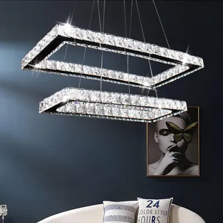 Finktonglan Kronleuchter, Moderner rechteckiger Kristallleuchter LED 2 Ringe Deckenleuchte Edelstahl Pendelleuchte für Esszimmer Wohnzimmer Schlafzimmer (6500K Kaltes Weiß)