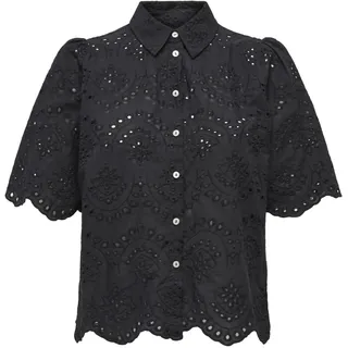 ONLY Damen Bluse Kurzarm Rundhals Kentkragen Knopfleiste Unifarben Modisch