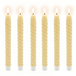 Relaxdays LED Stabkerzen, 6er Set, HxD: 25 x 2 cm, flackernde Flamme, Echtwachs, gedreht, flammenlose Kerzen, beige