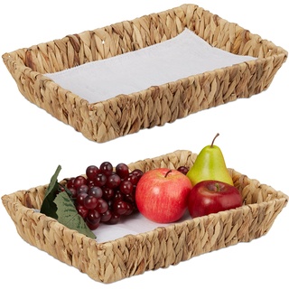 Relaxdays Obstschalen, 2er Set, Dekokörbe für Obst, Brot UVM, aus Wasserhyazinthe, HBT ca. 7x34x24 cm, Boho-Stil, Natur