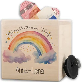 Shirtracer Spardose Holz personalisiert Regenbogen Sterne Name | Holz, 10x10cm, Taufe, Patenkind, Taufgeschenke, Täufling, Bunt, Wolken, Taschengeld, Wunscherfüller, Geldgeschenk, Sparbox