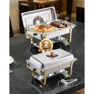 Vevor Chafing Dish Set Speisenwärmer Edelstahl mit 4 Behältern in halber Größe (4 L pro), rechteckiger Wärmespender mit sichtbarem Deckel & Wasserpfannenständer & Brennstoffhalter, für Partys