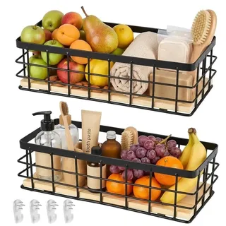 Drahtkorb, Obstkorb, Metallkorb Schwarz Dekokörbe Haushalt Wandkorb Metall Badezimmer Aufbewahrungskorb Korb Metall für Obst Snacks Küche Speisekammer, 29x13x10 cm(2 Stück)