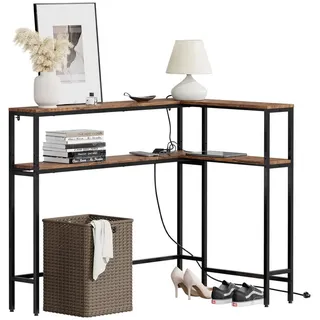 SoBuy Eckkonsolentisch mit integrierter Steckdose schmal 180x20x100 cm , Braun , Holzwerkstoff, Metall , L-Form,Rechteckig , rund , 120x101x80 cm , Wohnzimmer, Wohnzimmertische, Konsolentische