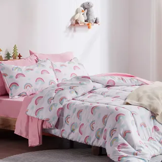 SLEEP ZONE Kids Bed-in-a-Bag Bettwäsche-Set, Pflegeleichte Mikrofaser, ultraweiche Decke und Bettlaken-Sets mit Kissenbezügen, 5-teilig, Regenbogen, Weiß/Rosa, Twin