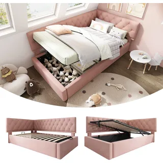 STILVORA Schlafsofa 90x200cm Tagesbett mit hydraulischem Stauraum,Jugendbett Daybett mit Lattenrost aus Holz,mit Matratze,Rosa - Rosa