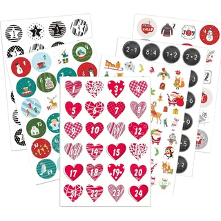 Adventskalender Zahlen Sticker 5 Sets mit je 24 runden Aufklebern 4cm für Weihnachtskalender