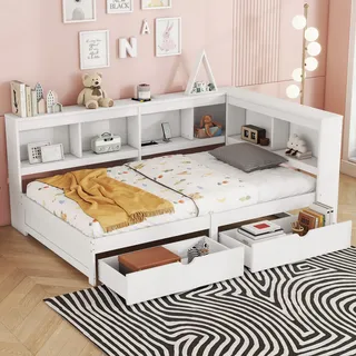 okwish Schlafsofa Daybett 90x200cm mit Lattenrost aus holz und zwei Schubladen, Tagesbett Kinderbett Jugendbettmit Steckdose und 2 USB-Anschlüssen(Ohne Matratze)- Weiß - Weiß