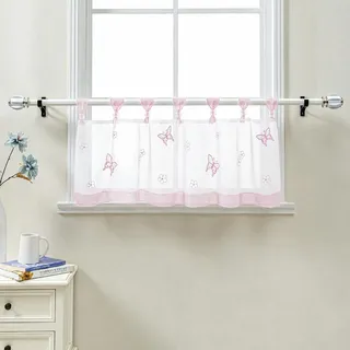 Delien Scheibengardinen Küche »Schmetterling« B140 x H60 cm, Rosa | 1 Stück,Voile,Bistrogardine mit Schlaufen,Schmetterling Stickerei,Transparente Küchengardine,Landhausstil Kurzstores