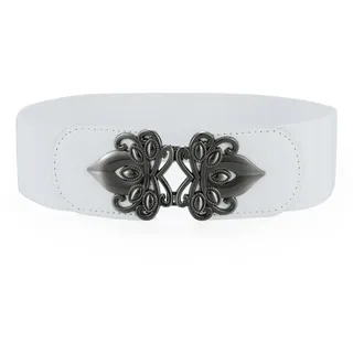 JewelryWe Damen Gürtel Elastisch Breit PU Retro Blumen Schnalle Taillengürtel Kleid Belt Weiß