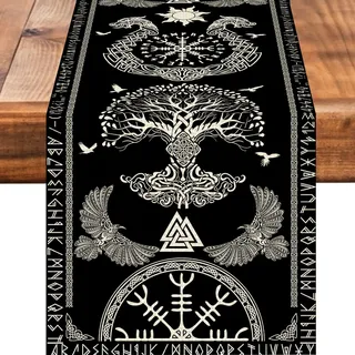 Tischläufer mit keltischem Rabenhelm der Ehrfurcht, Wikingerbaum, saisonaler Frühling, Herbst, Küche, Esszimmer, Tischdekoration, für drinnen und draußen, Zuhause, Party, Abendessen, 33 x 183 cm