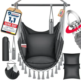 KESSER® Hängesessel mit 2 Kissen Getränkehalter & Bücherfach - Safari XXL Hängestuhl für Erwachsene & Kinder Hängematte bis 150 kg Hängesitz Aufhängung Indoor & Outdoor Wohn & Garten Terrasse - Grau