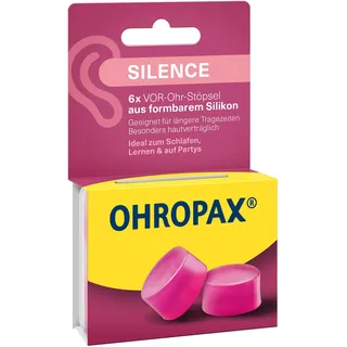 OHROPAX Silence Ohrstöpsel – pinke VOR-Ohr-Stöpsel aus formbarem Silikon – dermatologisch getestet – für alle Ohren geeignet – Schalldämmwert SNR 23 dB – zum Schlafen, Lernen und für Party – 6 Stück