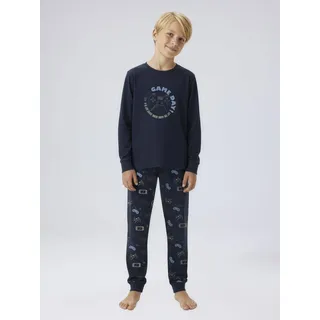 Schlafanzug NAME IT "NKMNIGHTSET NAVY GAMER NOOS", Herren, Gr. 146/152, navy blazer, Jersey, Obermaterial: 95% Baumwolle, 5% Elasthan, bedruckt, unifarben, Basic lang, Rundhals, Homewear-Sets Schlafanzug